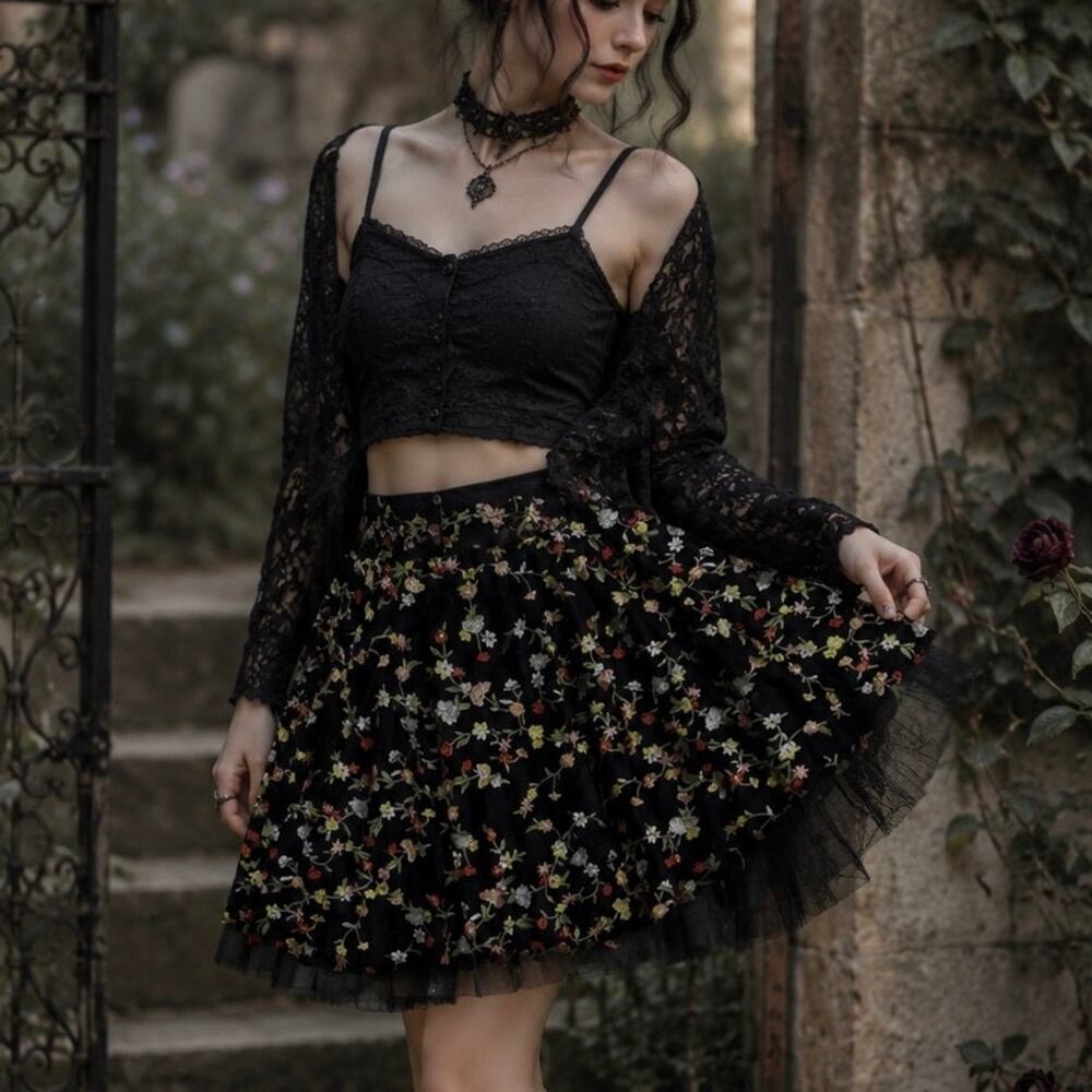 Rachel Allan Whimsy Goth Fairycore Embroidered Floral Mesh Skater Skirt Sz 12